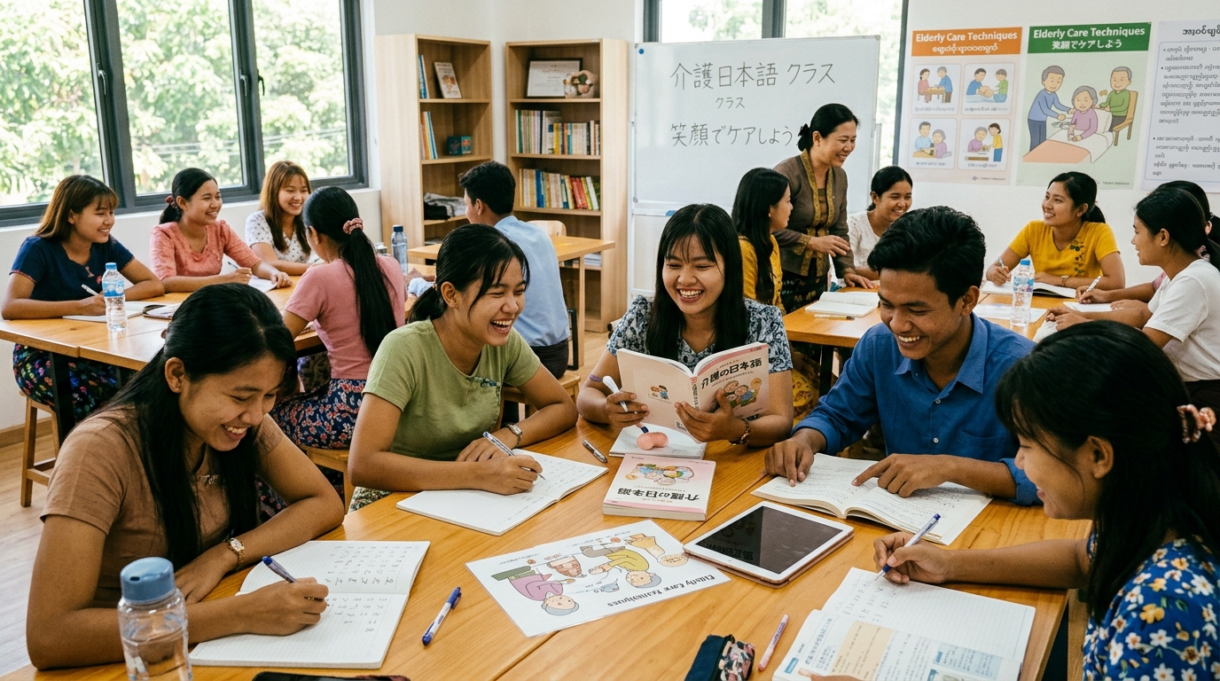 ミャンマー現地の温かい教室で日本語と介護を学ぶ生徒たち