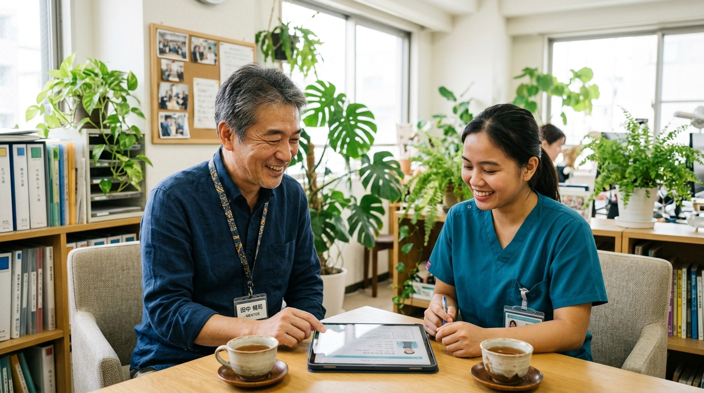 温かく対話しながら伴走するメンターと外国人介護スタッフ